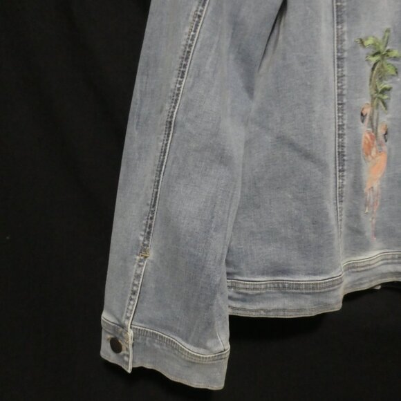 CHICO'S | size 3 | Button-Up Front Blue Denim Jacket | Flamingo Front and Back - Picture 14 of 16